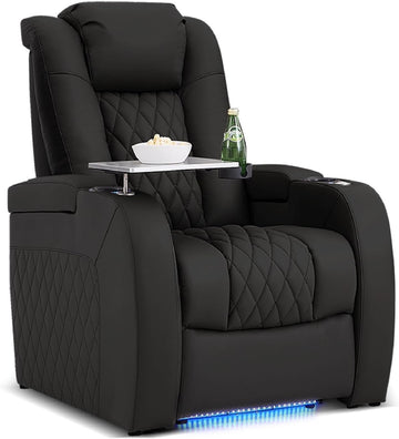 Home Theater Seating Genuine Leather Recliner Chair, Power Reclining & Headrest, USB A/C Charging Ports