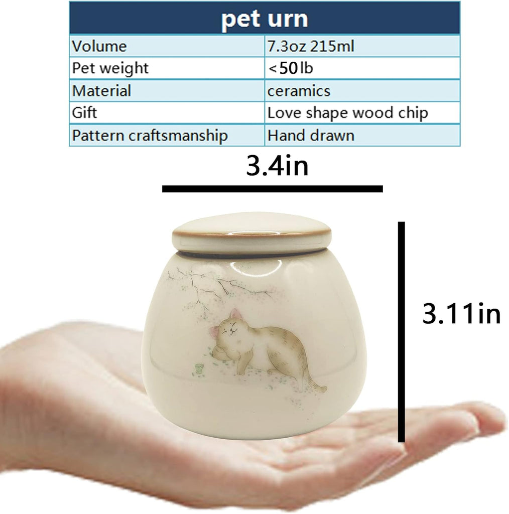 White Porcelain Cat Urn with Sleeping Kitty Pattern, 0.22L Capacity