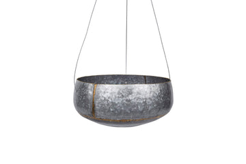 Round Galvanized Metal Hanging Planter with Rope and Hook, Silver and Gold