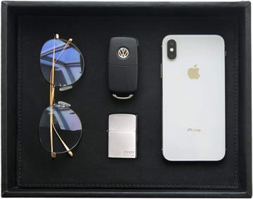 Valet Tray Nightstand Organizer Leather Catchall Tray for Perfume,Jewelry,Key and Remote on Counter or Dresser(Black)