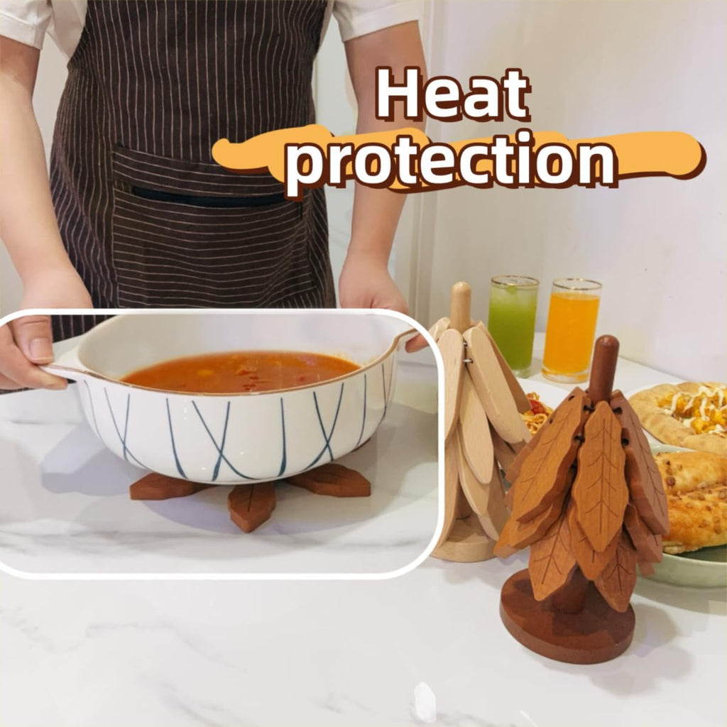 Creative Tree-Shaped Wooden Trivet - Foldable Dining Table Decor & Multi-Functional Heat Pad for Pots, Pans & Cups - Set of 4