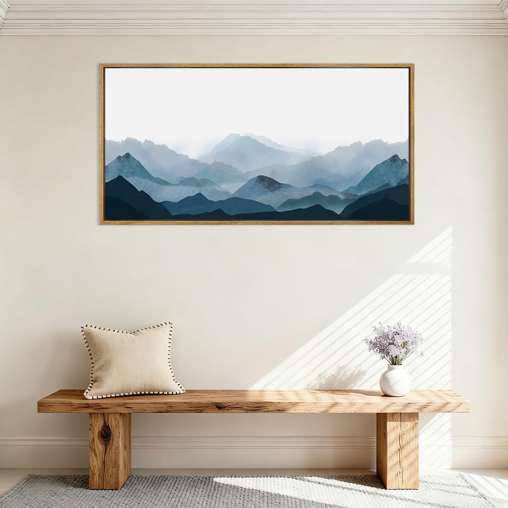 Blue Framed Mountain Landscape Wall Art Fog Mountain Painting Wall Decor Living Room Office Decor 20x40 Inch