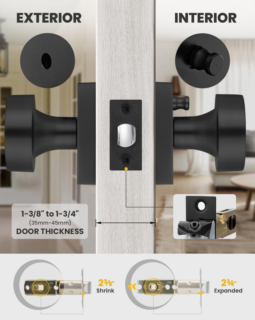 Black Door Knobs Interior, Zinc Alloy Privacy Door Knob , Matte Black Interior Door Knobs with Emergency Release