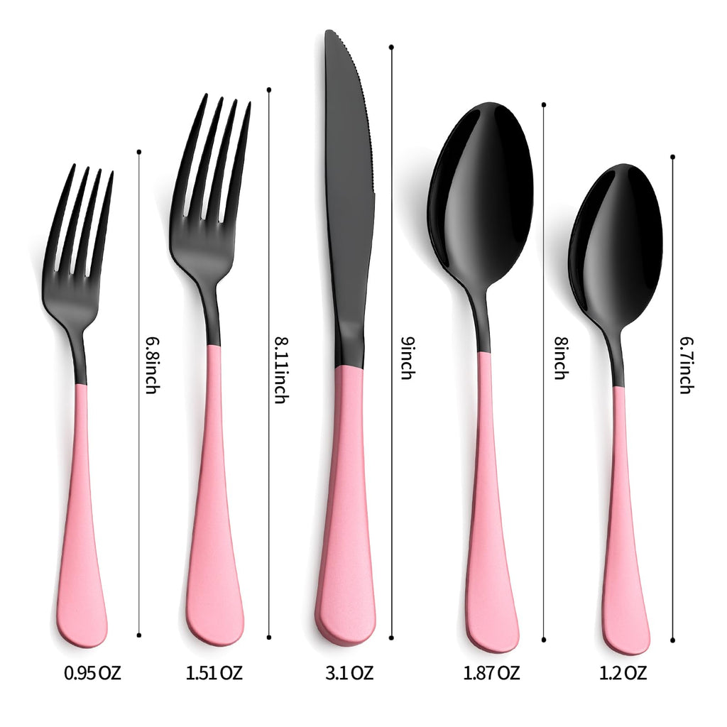 20-Pieces Blac and Pink Silverware Sets for 4,Pink Handle Stainless Steel Cutlery Set, Include Forks Spoons and