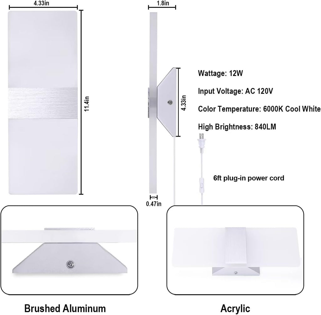 Modern Wall Sconces Set of 2, Wall Sconce Plug in 12W LED 6000K Cool White Acrylic Wall Mounted Light Wall Lights