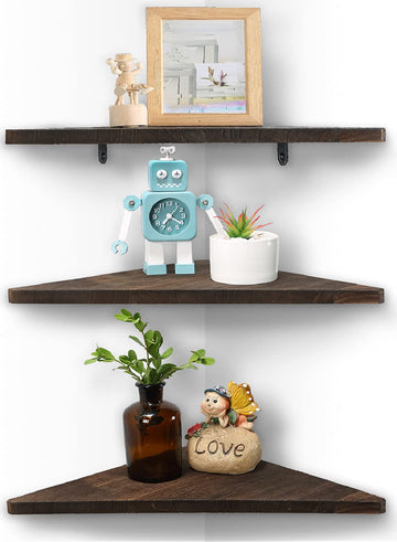 Corner Wall Shelf Set of 3, Floating Corner Shelves, Rustic Wood Wall Storage Display Shelves (Dark Brown)