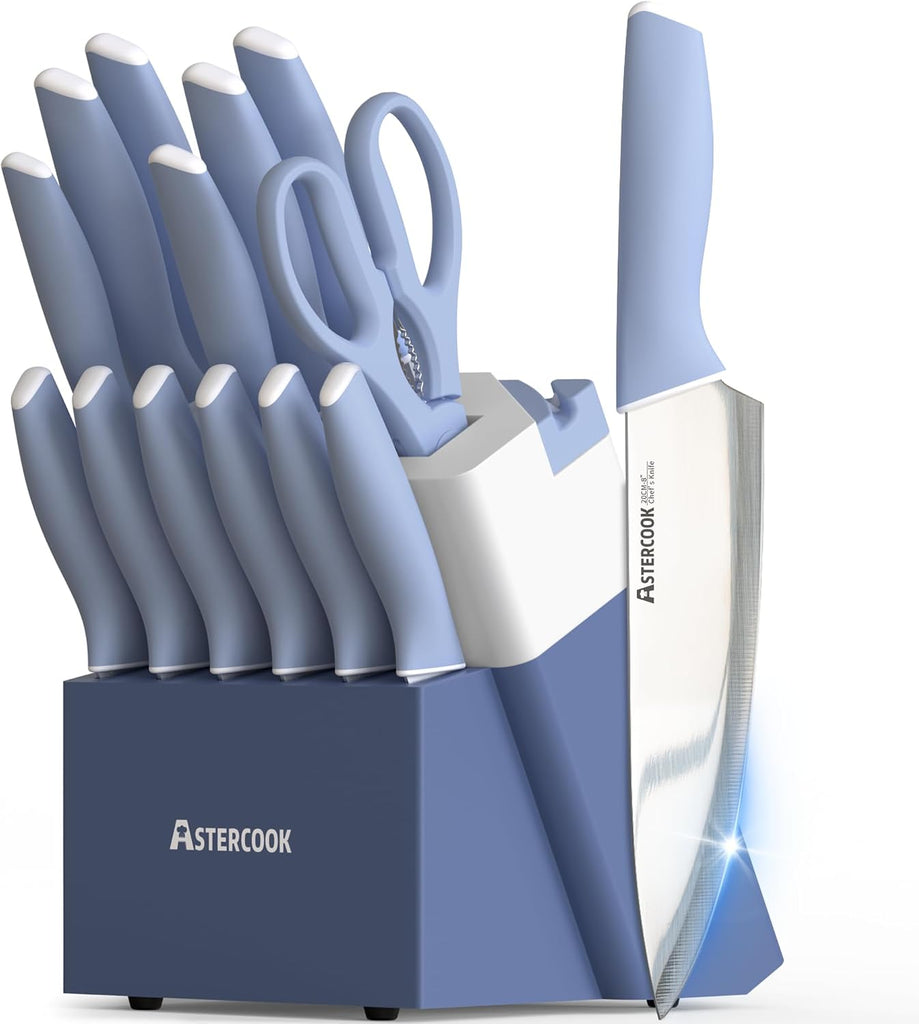 Kitchen Knife Set with Block and Sharpener 15 Piece German High Carbon Stainless Steel Knives Sharp Blade Dishwasher