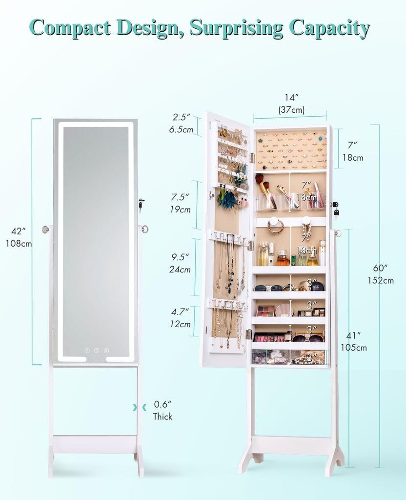 Lockable LED Standing Mirror with Storage, 60.2 in Jewelry Cabinet