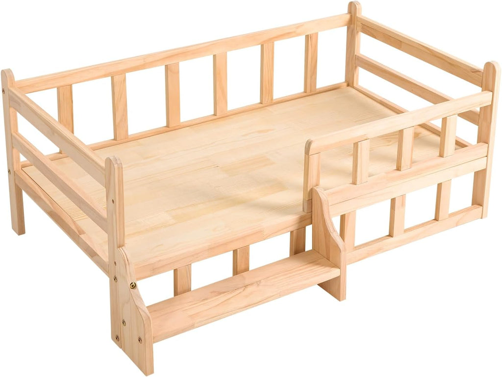 Pine Wood Pet Bed with Staircase, Wooden Dog Bed Frame w/Surrounding Fence, Elevated Dog Bed for Dogs Cats, Load 66lbs