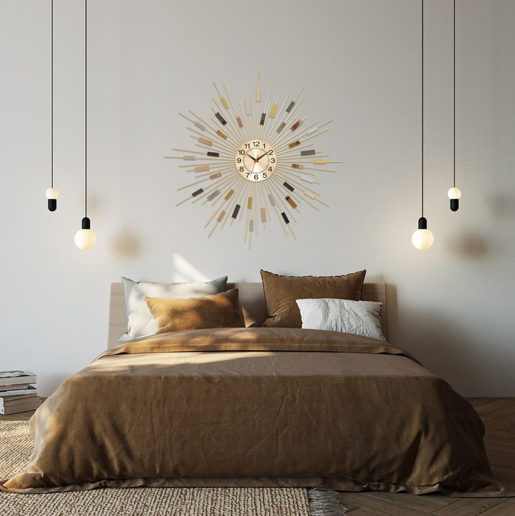 GOD 24" Large Sunburst Wall Clock, Boho Modern Farmhouse Metal Decorative Clock, Silent Non‐Ticking Battery Powered