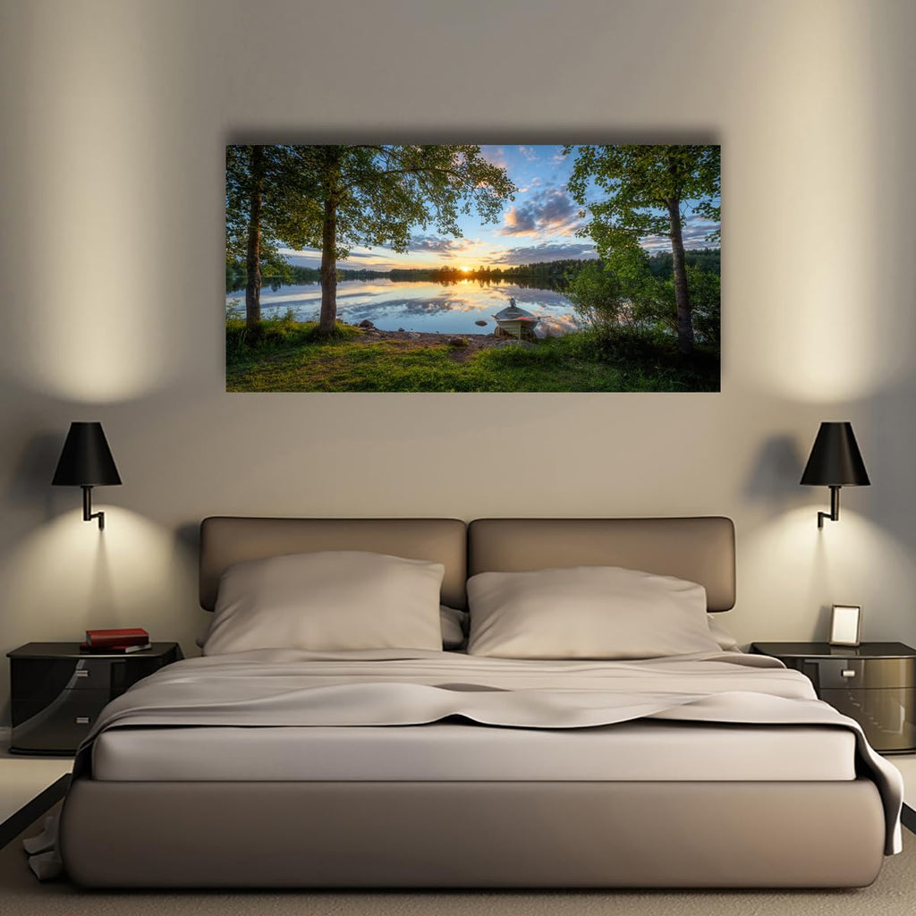 Tree Canvas Wall Art of a Sunrise Over a Forest Lake 20x40inches Nature Inspired Painting Perfect for Wall Decoration