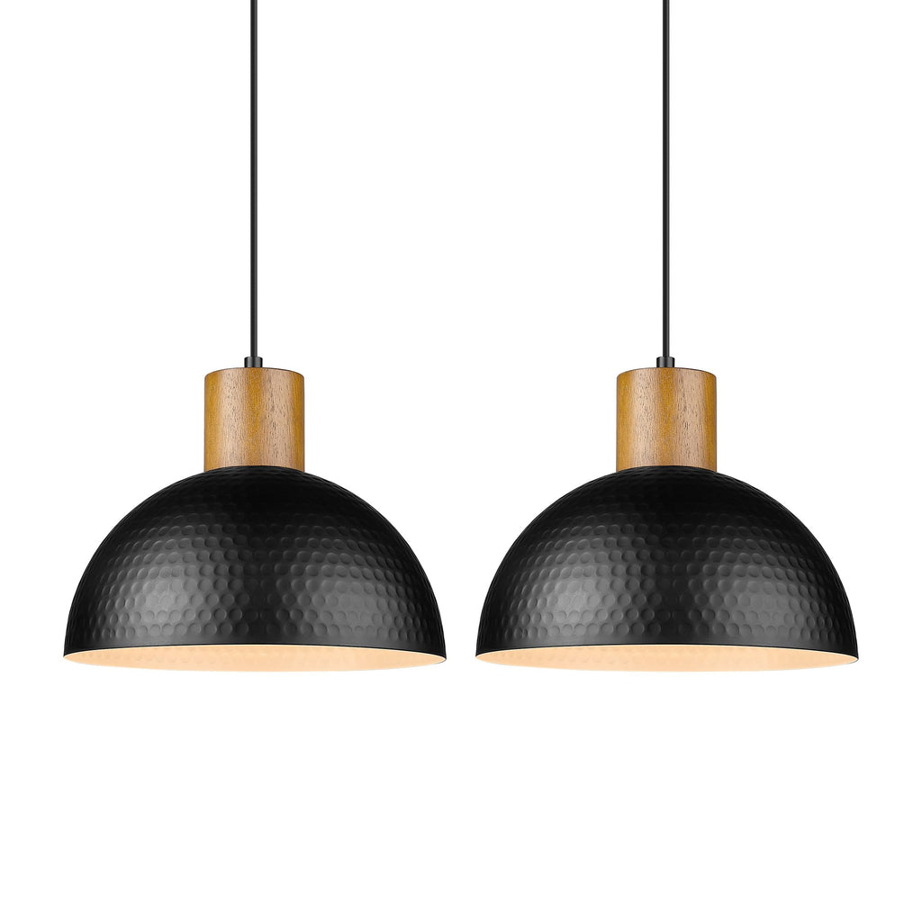 2 Pack Hammered Pendant Lights, 12" Industrial Metal Dome Hanging Lamp, Solid Wood Pendant Light Fixtures Island