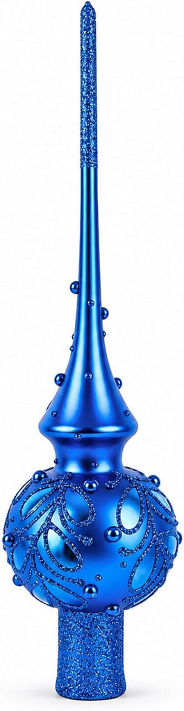 Blue Jewels Scroll on Blue Glass Christmas Tree Topper 11 Inches