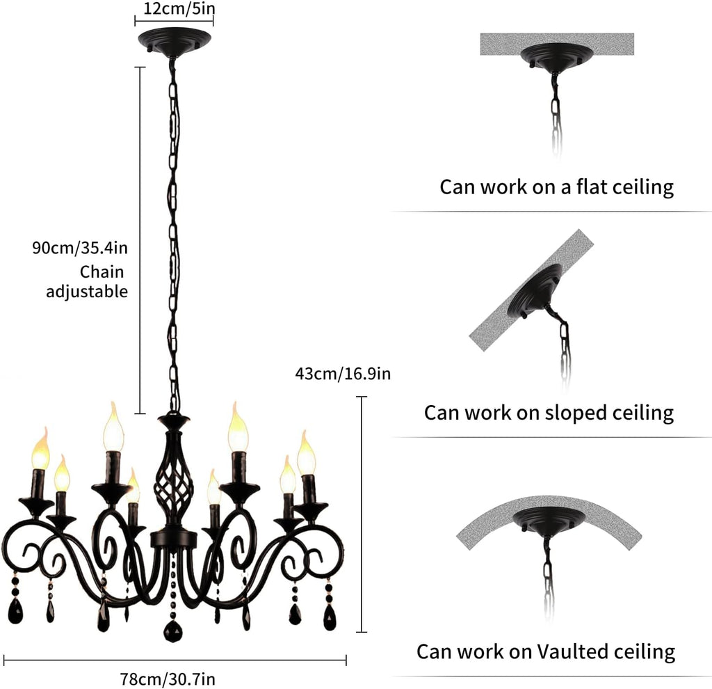 Chandeliers,8-Light French Country Crystal Candle Chandelier,Industrial Black Vintage Pendant Light Fixture Hanging Lights for Living Room Kitchen Dinner Room Island Kitchen A109-B07ZFJM84Z