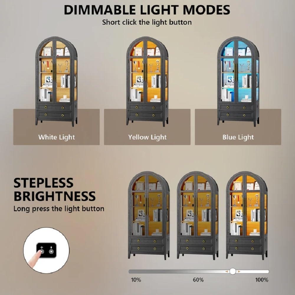 Arched Curio Cabinet with Glass Doors, 4-Tier Display Cabinet with 2 Drawers, Tall Bookcase with 3 Color Lights