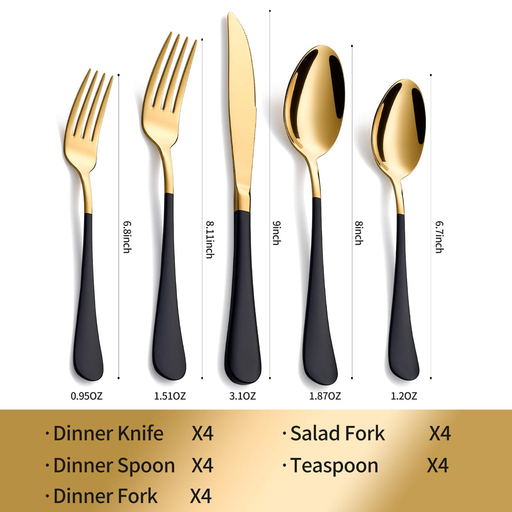 Black & Gold Silverware Set, 18/0 Stainless Steel Colorful Handle Flatware Set, Service for 4, Modern