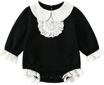 Vintage Newborn Girls Black Lace Trim Peter Pan Collar Bubble Romper