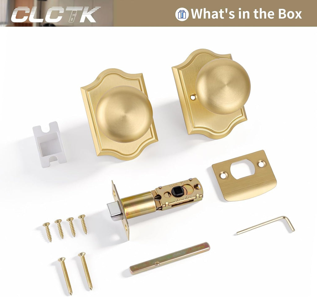 Satin Brass Door Knobs Interior with Lock, Vintage Brushed Gold Privacy Round Door Knobs Door Handles Bathroom, Zinc