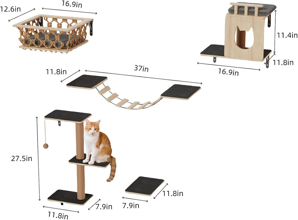 5-in-1 Cat Wall Shelves Set with Hammock, Wall-Mounted Cat Furniture Includes Condo, Bridge, Ladder & Steps