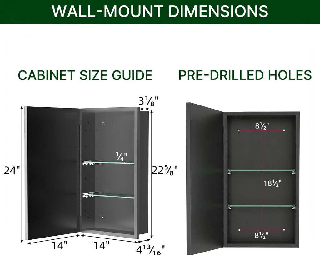 14 x 24 Inch Framed Medicine Cabinet Mirror , Black | Recessed or Wall Mount, Fits 13-3/8 x 22-13/16 Inch Rough