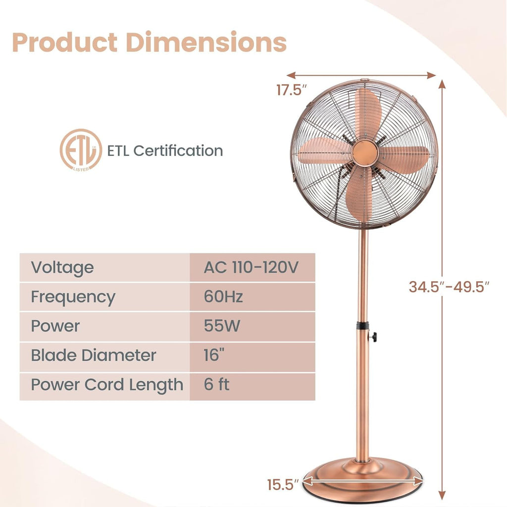 Pedestal Fan, 16'' Oscillating Fan with 3 Speed, Wide Spead, Adjustable Height & Angle, Low Noise Floor Fan w/ 75°