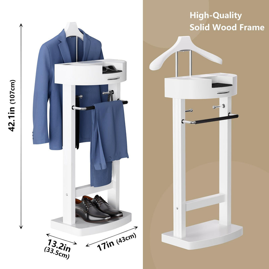 Freestanding Solid Wood Suit Valet Stand with Tie Bar, Suit Stand for men