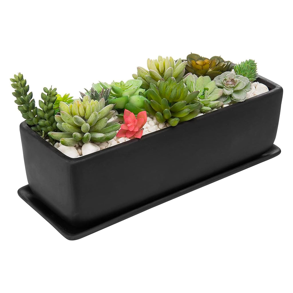 14 Inch Matte Black Ceramic Rectangular Succulent Planter