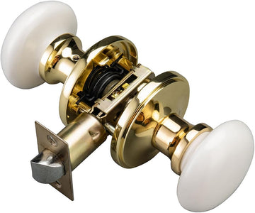 White Door Knobs, Porcelain Round Door Handle with Polished Brass Plate