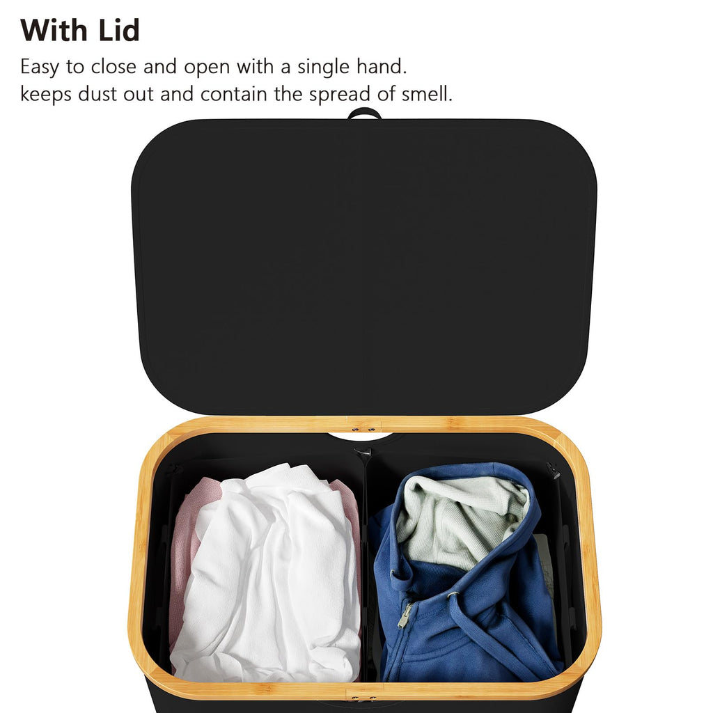 Double Laundry Hamper 2 Section with Lid and Removable Laundry Bags, 160L Clothes Basket with Bamboo Handles, Large