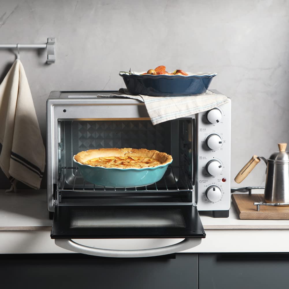 Ceramic Pie Pan - 10 Inch Round Baking Dish for Dinner, Non-Stick with Soft Wave Edge for Apple, Pumpkin, Pot Pies