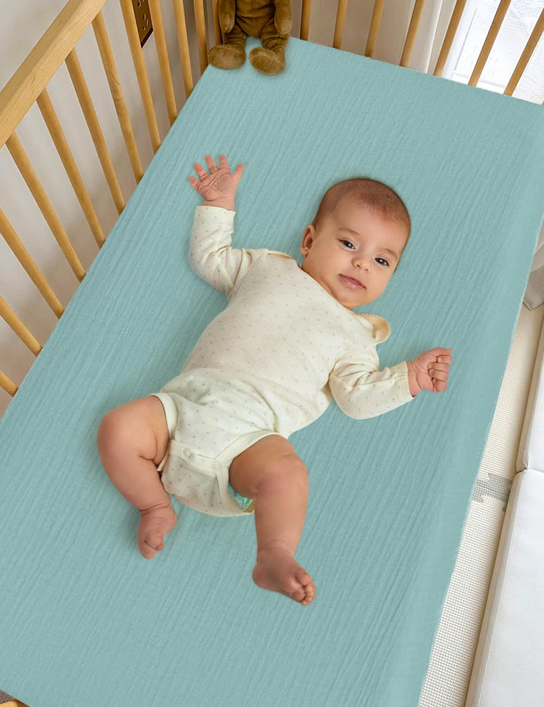Light Blue Small Pack and Play Mattress Sheets, 39"x27" Neutral Baby Sheets for Pack and Play, Muslin Mini Crib