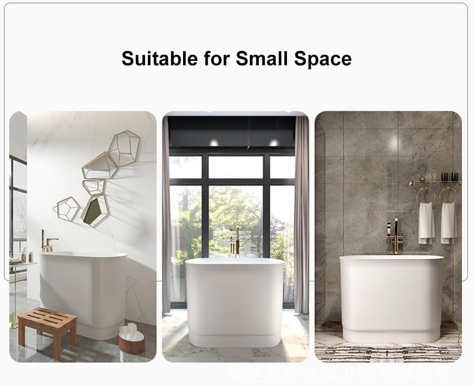 40" Japanese Soaking Bathtub Modern Deep Oval Freestanding Tub in Matte White Stone Resin