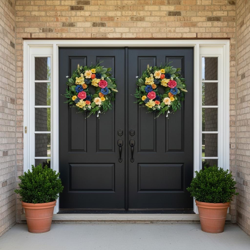 Summer Wreaths for Front Door, 22 Inch Summer Wreath with Roses & Hydrangeas, Outdoor Floral Wreath for Summer Door