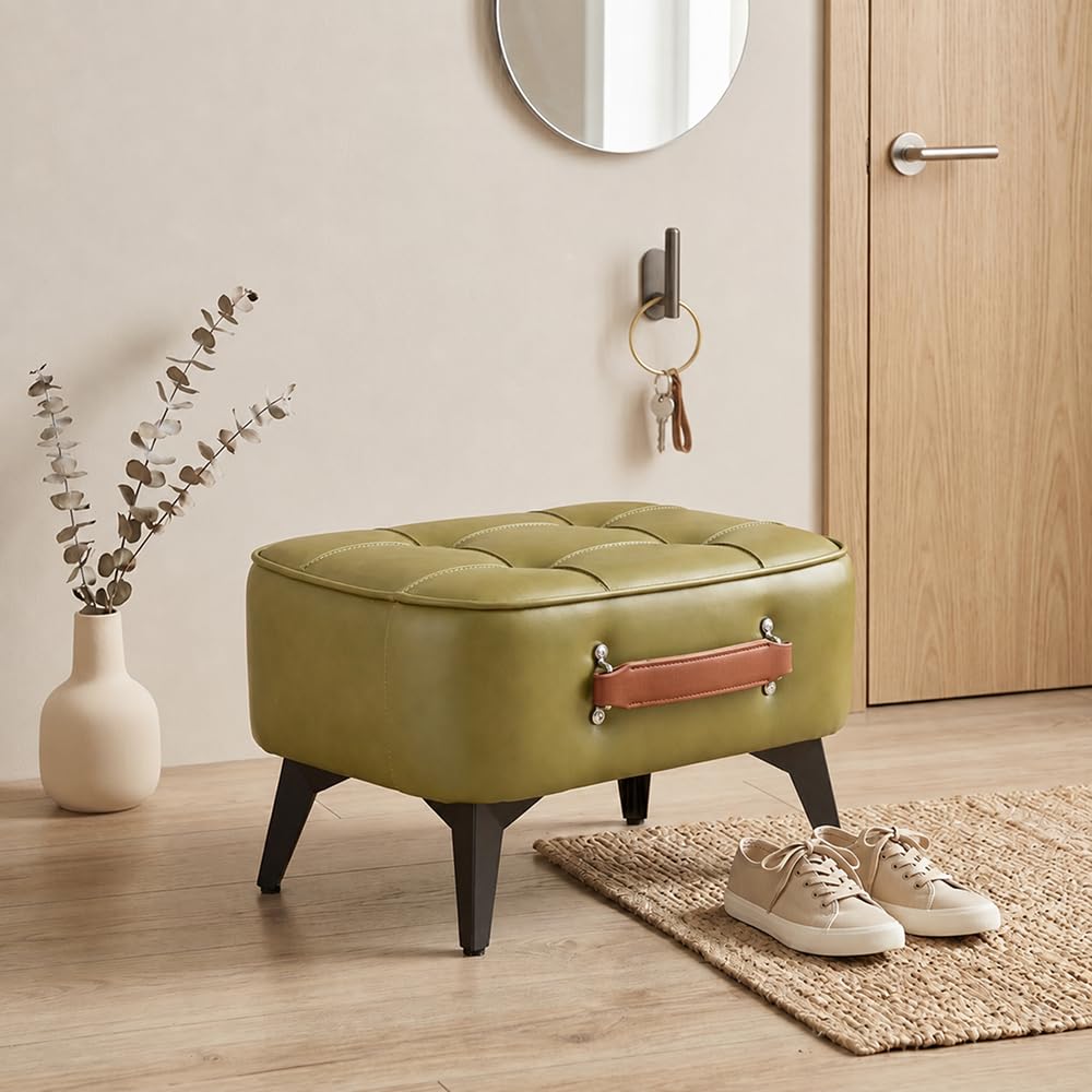 Vintage Style Faux Leather Ottoman Footstool - Wooden Frame, Upholstered Interior, Multi-Use Footrest (Azure Green)