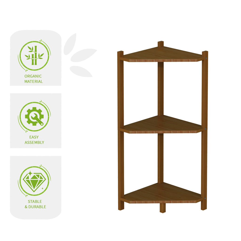 Bamboo Small Corner Shelf Stand, 3-Tier Brown Corner Bookshelf