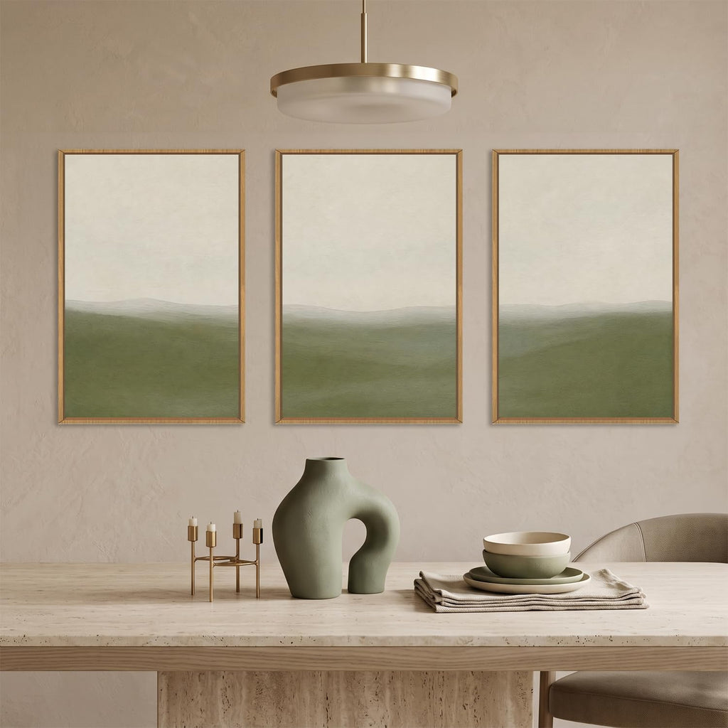 Sage Green Abstract Landscape Framed Canvas Wall Art Set, Watercolor Neutral Minimalist Mountain Wall Decor, Natural