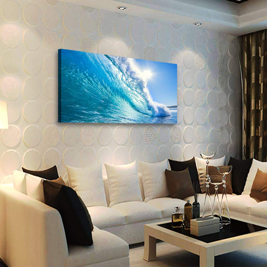 Framed Ocean Wave Wall Art, 48x24 Inch Large Horizontal Turquoise Sea Canvas Prints, Coastal Beach Nautical Wall