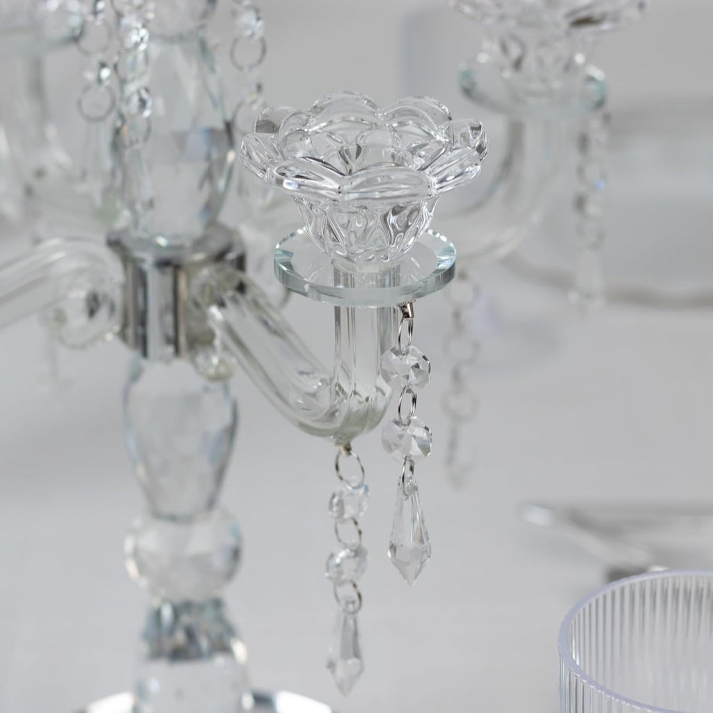 Crystal 5-Arm Candelabra Taper Candle Holder with Hanging Prisms & Round Mirror Base - Faceted Cut Glass Design - 14"