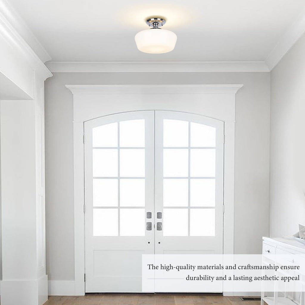 Schoolhouse Style Semi Flush Mount Ceiling Light Fixture, 12" Modern Chrome Hallway Ceiling Lamp with Opal Milk Glass