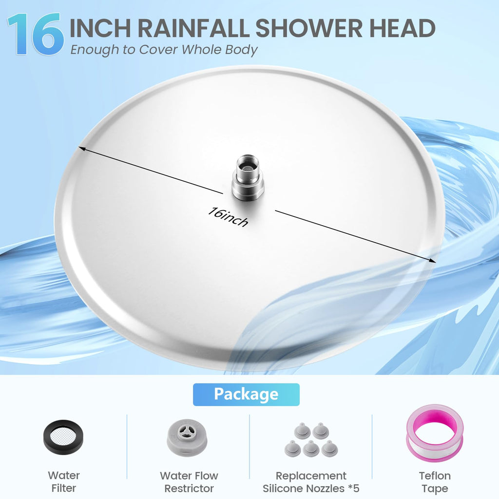 16 inch Ceiling Round Rain Shower Head Brushed Nickel - All Metal Stainless Steel 304, Full Body Round Rainfall