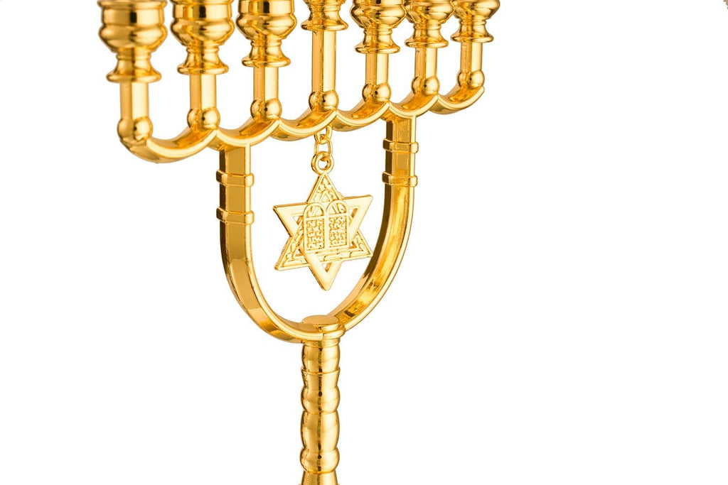 Gold 7 Branch Hanukkah Menorahs Candle Holder with Traditional Star