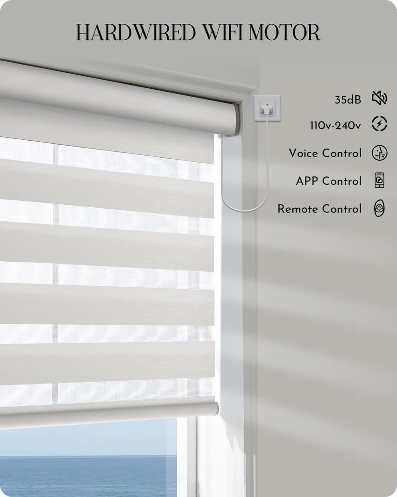 Motorized Horizontal Zebra Blinds Compatible with Alexa Google WiFi Smart Home Hardwired Plug-in Shades Light