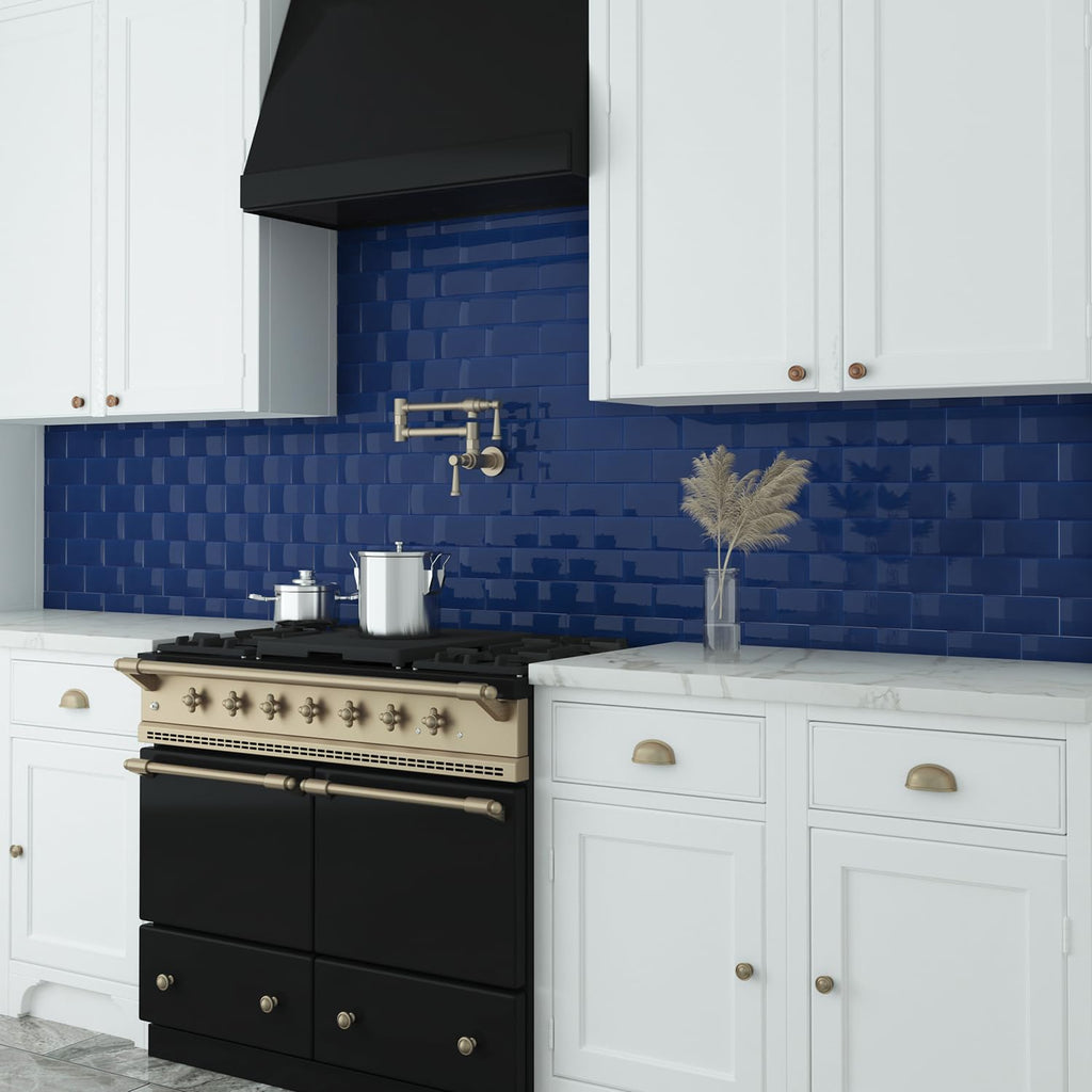 Peel and Stick Glass Subway Tile, 3 x 6 Inch, 5 Sq Ft, Cobalt Blue Glass Kitchen Backsplash Wall, 40-Pack