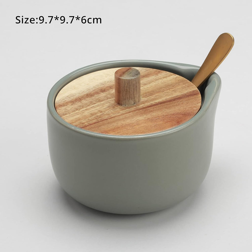 Salt Box base grey color Salt Cellar Elegant Design salt Boxes Big Capacity Wood lid grey Ceramic Base with spoon