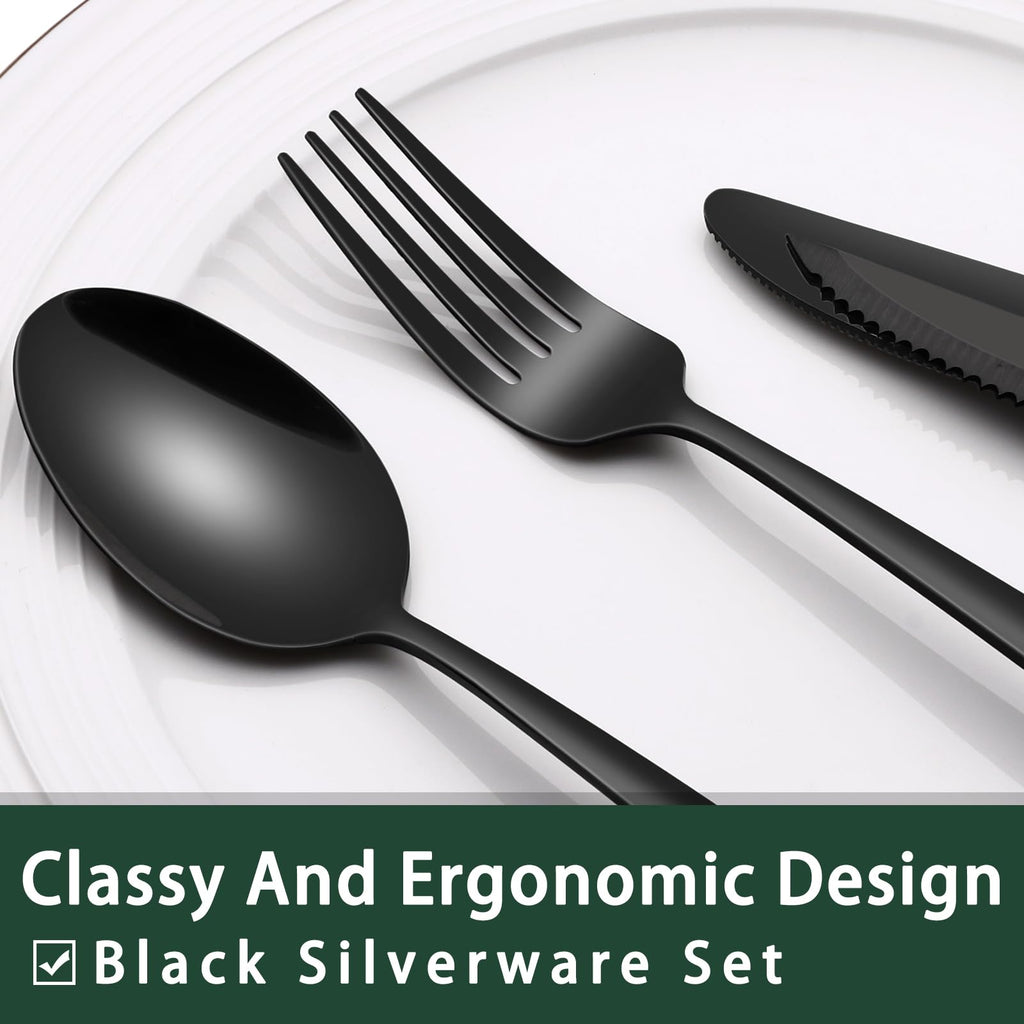 24-Piece Black Silverware Set with Steak Knives, Black Flatware Set for 4, Food-Grade Stainless Steel Tableware