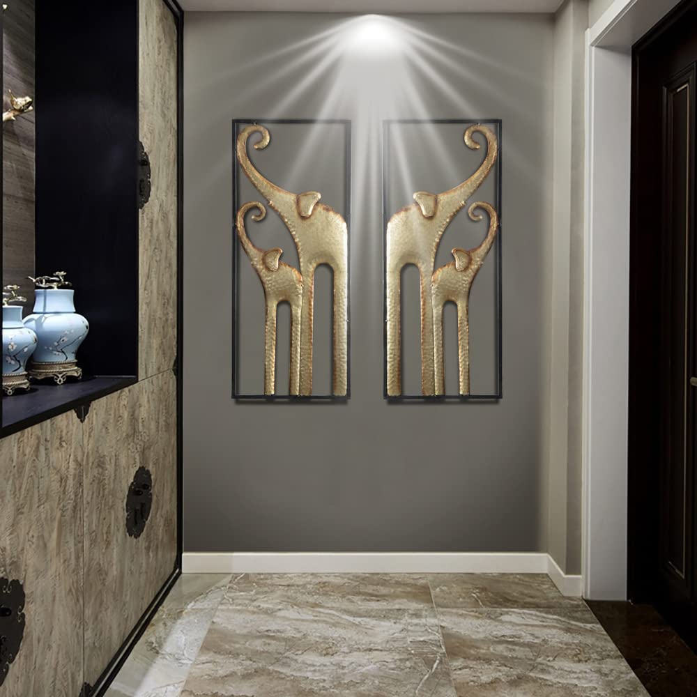Gold Metal Elephant Wall Decor Set of 2, African Art 3D Sculptures