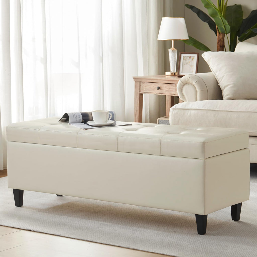 50.5 Inch Storage Ottoman Bench, Faux Leather Tufted Upholstered Bedroom Bench with Safety Hinges, Supports 300 lbs