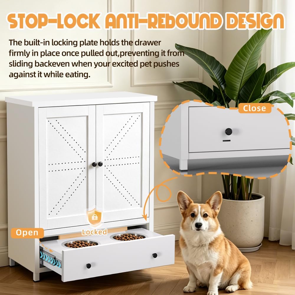 Dog Feeding Station with Storage Cabinet, Metal Pet Feeding Station with Storage, Dog Food Storage Cabinet with 2