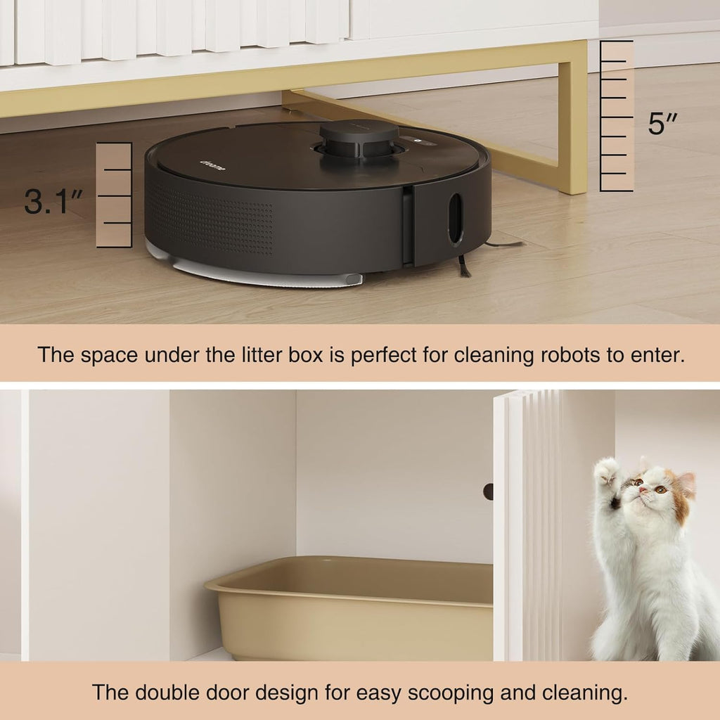 Cat Litter Box Enclosure, Hidden Litter Box Furniture with Scratch Pad, Modern Fluted Cat Litter Box Cabinet, Wooden