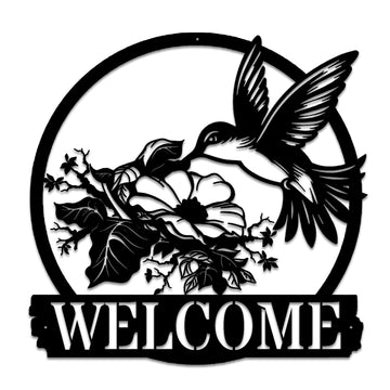 Hummingbird Welcome Metal Sign Black circle Metal Decoration Large 12 inch Thick metal Wall Hanging Decor Farmhouse